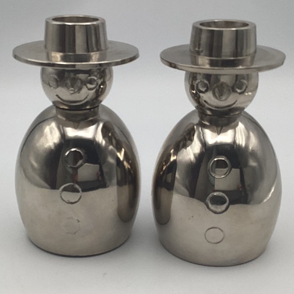 Crate&Barrel Silver Snow Men Candle Holders Heavy Metal - Picture 1 of 3